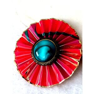 Lahr enamel fan Artist signed pin 2" round Red Rare gold tone NWOT80's brooch